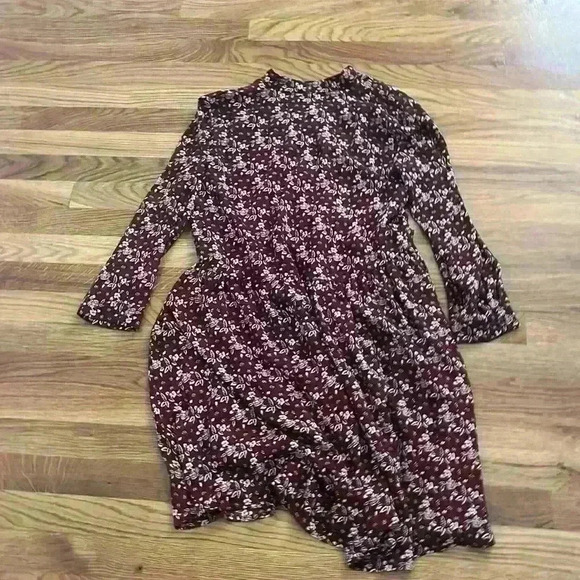 Ann Taylor dark red floral button down dress mandarin collar - Picture 3 of 5